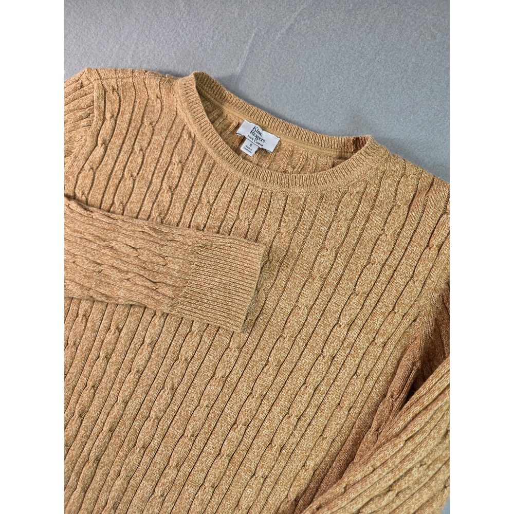Kim Rogers Womens Tan Cable Knit 100% Cotton Crew Neck Sweater Small